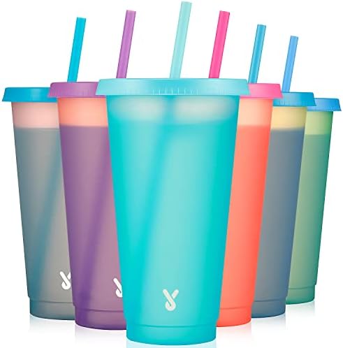 Meoky Plastic Cute Cold Cups with Lids and Straws Bulk for Iced Coffee - 6 Pack 24 oz Color Changing Reusable for Adults Kid Women Party by MEOKY