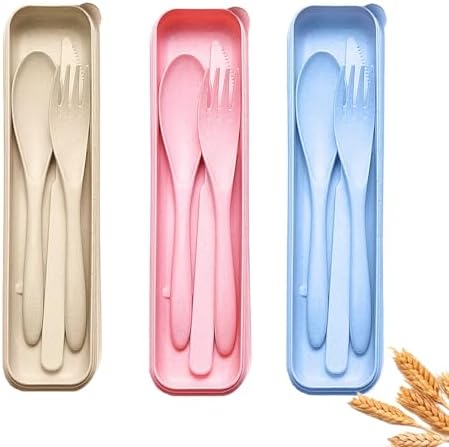 Travel Utensils Set with Case, 3 Pack Wheat Straw Portable Reusable Cutlery by Unknown