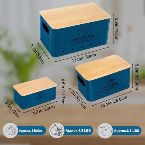 Kitchen Vegetable Storage Set of 3, Metal Onion Garlic Potato Storage Set, Kitchen Canisters Vegetable Keeper Containers with Aerating Holes and Bamboo Lid,Dark Blue - Image 4