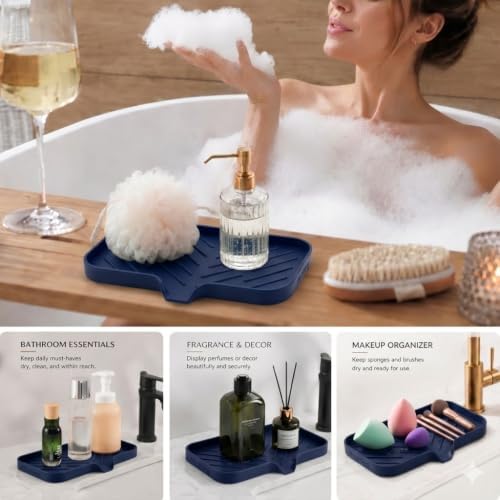 MicoYang Silicone Soap Dish with Drain Spout — Self-Draining Sink Organizer Tray for Bathroom & Kitchen, Sponges, Dispensers & Soap Holder, Non-Slip & Dishwasher Safe, Navy Blue (Medium, 9.6"×5.3") - Image 3