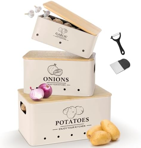 Kitchen Vegetable Storage Set of 3, Metal Onion Garlic Potato Storage Set, Kitchen Canisters Vegetable Keeper Containers with Aerating Holes and Bamboo Lid，Beige by Dekosilave