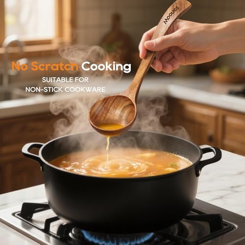 Wooden Ladle for Soup, 3 Size Teak Wood Ladle Spoon with Back Hooks, Heat Resistant Wooden Spoons for Cooking, Non-Stick, Comfortable Grip, Wood Kitchen Utensils Set for Serving, Stirring - Image 6
