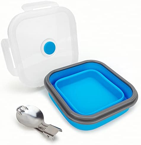 CARTINTS 900ml Collapsible Bowl With Plastic Lid for Camping, Silicone Lunch Container Set Includes Foldable Spoon, Space-Saving Travel Food Container, Microwave Freezer Safe, Blue by CARTINTS