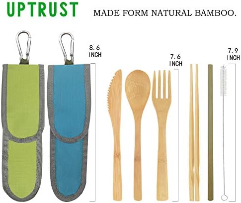 UPTRUST 2 Set Bamboo Cutlery Set Bamboo Travel Utensil Reusable Table cutlery Fork Knife Spoon Chopsticks Straw Cleaning Brush for Travel Picnic School Office（Skyblue& Green） - Image 3