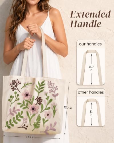 Floral Embroidery Canvas Tote Bag with Magnetic Closure for Daily - Image 2