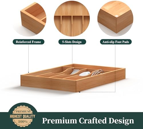 Bamboo Silverware Organizer, Kitchen Drawer Organizer, Utensil Holder, Cutlery Tray & Spoon Flatware Storage with Grooved Drawer Dividers (9.5''W x 13.5''D) - Image 6