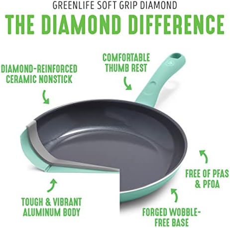 GreenLife Soft Grip Diamond Healthy Ceramic Nonstick 13 Piece Cookware Pots and Pans Set, PFAS-Free, Dishwasher Safe, Turquoise, Diamond Cookware - Image 4