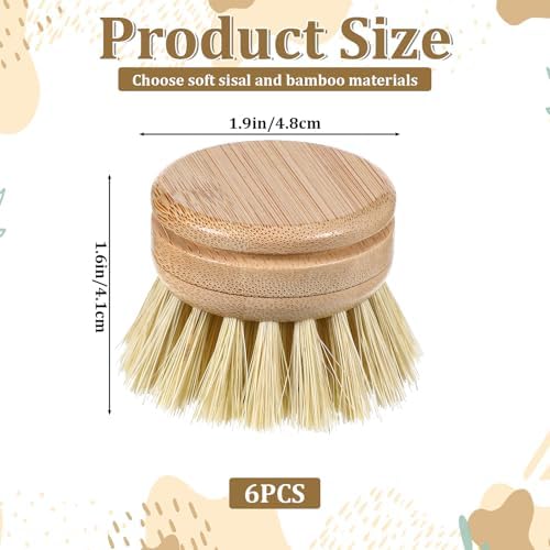 6 Pcs Bamboo Dish Brush Replacement Heads, 1.9 x 1.6 Inch Natural Sisal Bristle Scrubber Wooden Kitchen Dish Brushes for Pots, Pans, Bowls, Dishes Cleaning - Image 2