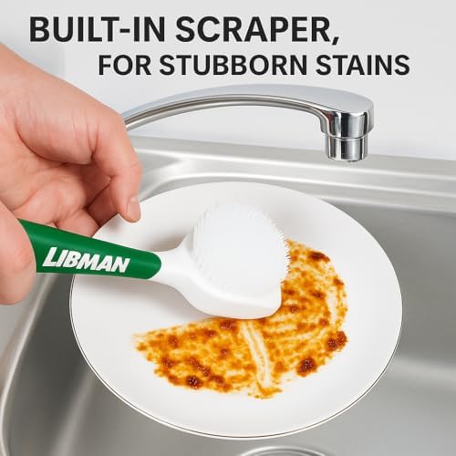 LIBMAN Dish Brush - Soft Bristle Cleaning Brush with Handle - 2 Pk Dish Scrub Brushes with Scraper for Dishwashing Dishes, Pots, Pans, Glassware - Non-Slip Comfort Grip Handle - Image 3