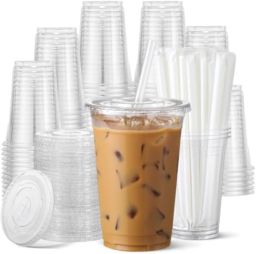AOZITA 100 Pack - 16 oz Clear Plastic Cups with Lids and Straws, Food Safe Disposable Iced Coffee Cups for Cold Beverages, Smoothies, Iced Coffee, Leak-Proof, BPA-Free by AOZITA