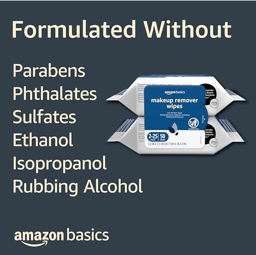 Amazon Basics Makeup Remover Wipes, Gentle Cleansing, Dermatologist Tested, pH-Balanced, Plant Based, Alcohol-Free, Removes Waterproof Mascara, 25 Count, 2-Pack - Image 4