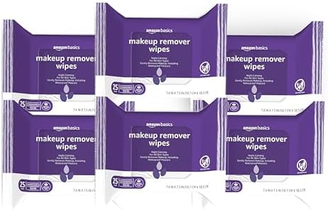 Amazon Basics Makeup Remover Wipes, Gentle Cleansing, Dermatologist Tested, Night Calming, Plant Based, Alcohol-Free, Removes Waterproof Mascara, pH Balanced, 25-Count, 6-Pack by AmazonBasics