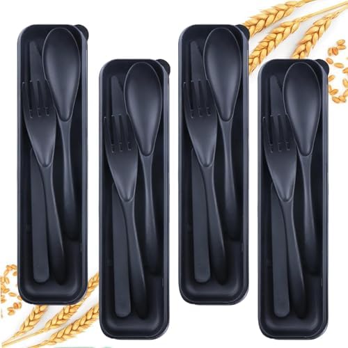 4Pack Black Wheat Straw Cutlery Set, BPA Free Fork Spoon Knife with Case by Unknown
