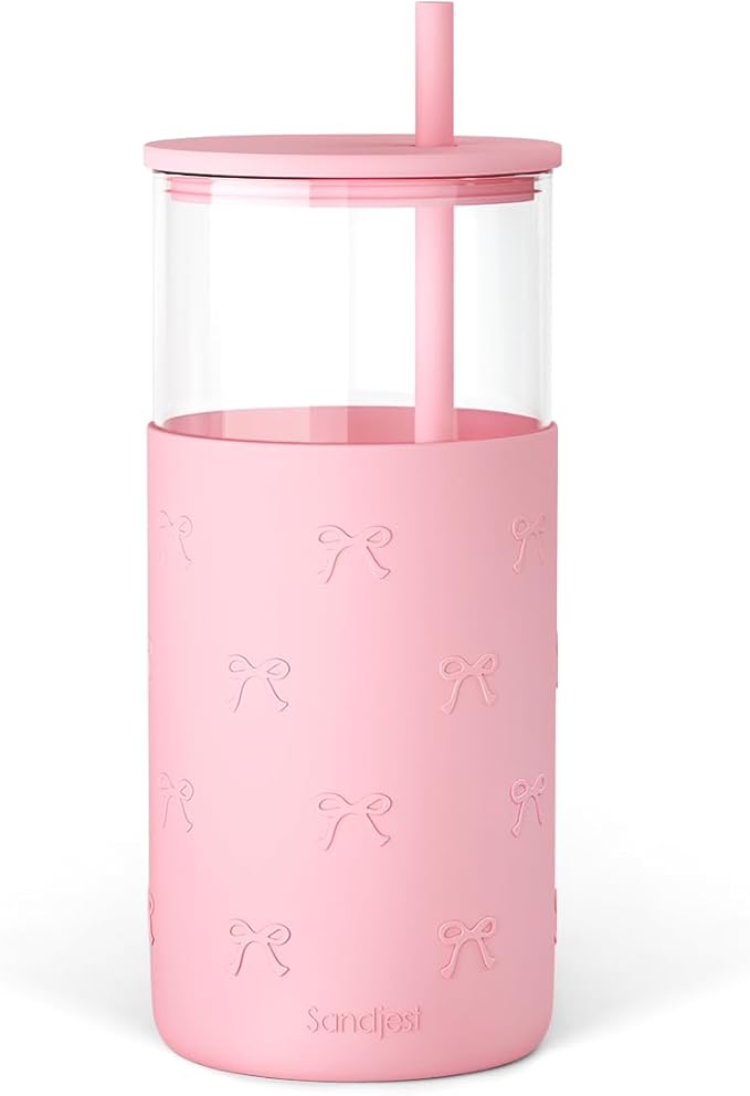 SANDJEST Glass Tumbler with Straw and Lid, Glass Water Bottle with Silicone Sleeve 20oz with Bow, Smoothie, Iced Coffee Cup, Bow Gifts for Women Teen Girls Birthday Christmas