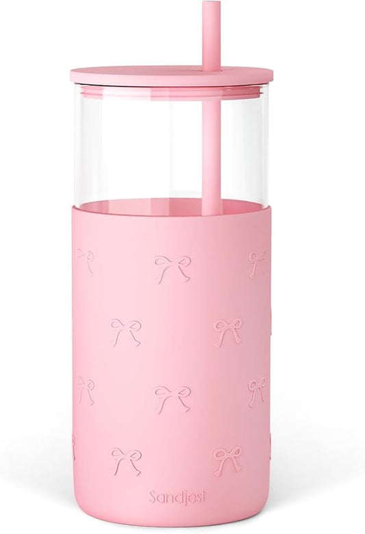 SANDJEST Glass Tumbler with Straw and Lid, Glass Water Bottle with Silicone Sleeve 20oz with Bow, Smoothie, Iced Coffee Cup, Bow Gifts for Women Teen Girls Birthday Christmas