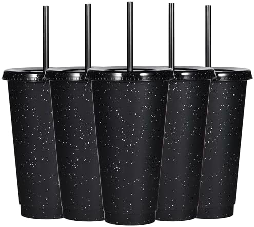 Suertestarry Tumbler with Straw and Lid,Water Bottle Iced Coffee Travel Mug Cup,Reusable Plastic Cups,Perfect for Parties,Birthdays,24oz-5 Pack (Black, 5pack) by Suertestarry