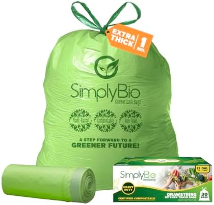 Simply Bio 13 Gallon Compostable Organic Bags Liners Drawstring, Heavy Duty Extra Thick 1 Mil, 49.21 Liter, 30 Bags, Tall Kitchen Food Scrap Waste Bag, ASTM D6400, US BPI and OK Compost Home Certified by SimplyBio
