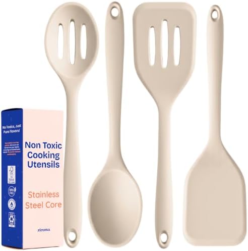NonToxic Platinum Silicone Utensils, 100% Plastic-Free, 4-Pcs, Beige by Ziruma