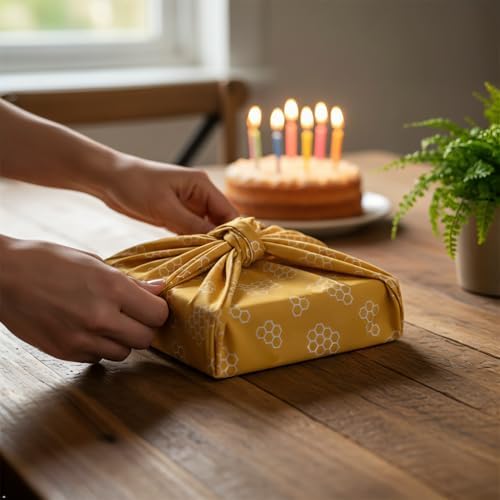Bee's Wrap Furoshiki Gift Wrap, 4 Pack - Mustard Honeycomb - Image 4