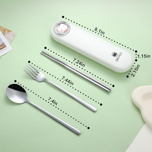 DEVICO Travel Utensils with Case Cute, Reusable Silverware for Lunch, 4Pcs Portable Cutlery Set, 18/8 Stainless Steel Fork Spoon Chopsticks in Cartoon Case, Dishwasher Safe (White) - Image 5