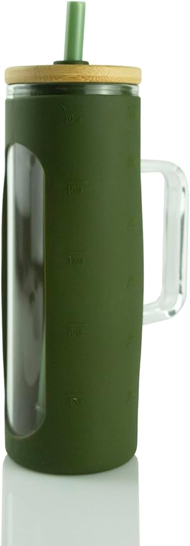 20oz Glass Tumbler with Handle | Bamboo Lid, Straw & Silicone Sleeve | Iced Coffee & Smoothie Cup