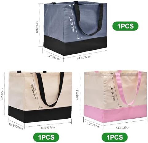 3 Pack Canvas Reusable Grocery Bags Heavy Duty（Blue + Pink + Black）, 8.3 gal Foldable Large Tote Bag with Handles, Holds 60 lbs Canvas Shopping Bags & Washable Eco-friendly Bags with 5 Pockets - Image 4