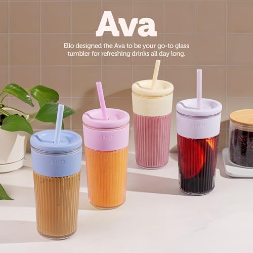 Ello Ava 18oz Glass Tumbler with Straw and Lid for Iced Coffee,Pink Orchard - Image 5