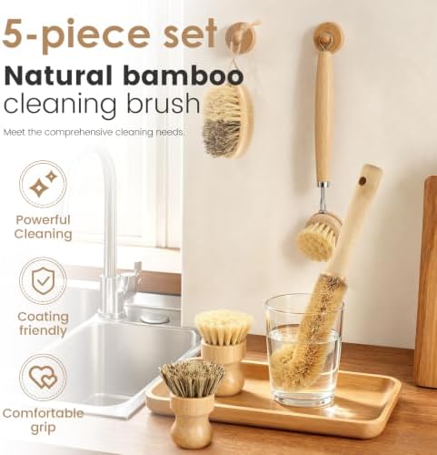 5Pcs Bamboo Dish Scrub Brush, Multi Purpose Kitchen Cleaning Brush Set - Image 6