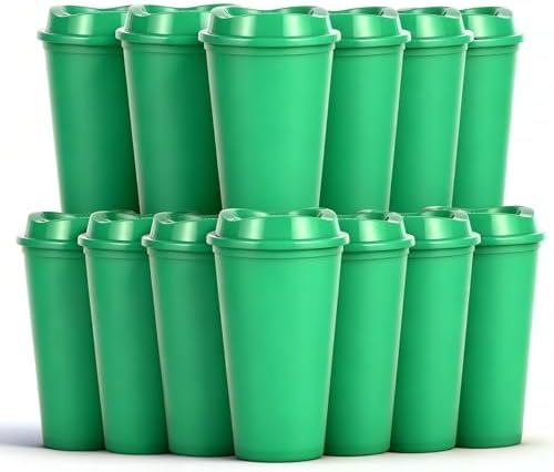 16oz Reusable Plastic Coffee Cups with Lids, 13 Pack, Green by Ankeli%26Lt