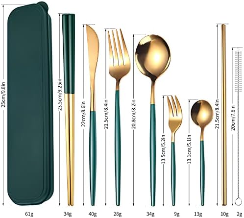 AARAINBOW 8 Pieces Stainless Steel Flatware Set Portable Reusable Cutlery Set Travel Utensils Set Including Chopsticks Knife Fork Spoon Straws Cleaning Brush Dishwasher Safe (Green Golden) - Image 2