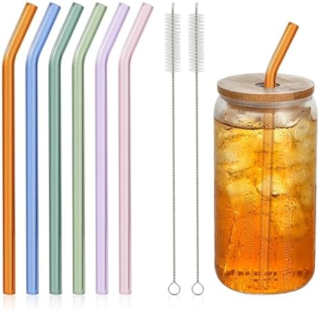 6 Pcs Reusable Bent Glass Drinking Straws,9''x10 mm Colorful Glass Straws for Beverages, Shakes, Milk Tea, Juices,Set of 6 Bent with 2 Cleaning Brushes -Shatter Resistant by ColorfulProductColorfulLife
