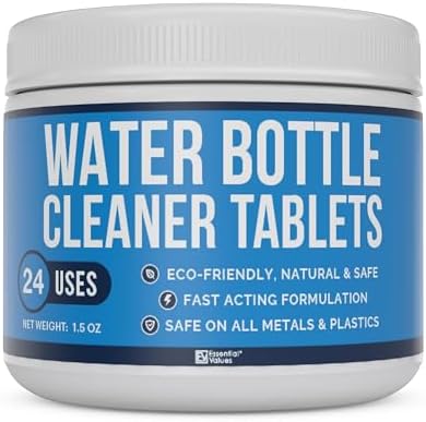 Essential Values Water Bottle Cleaner - Water Bottle Cleaning Tablets & Reservoir Bladder Cleaner Tabs (24 Tablets) - Tumbler Dispenser Hydration Pack Washer - Manufactured in USA by EssentialValues