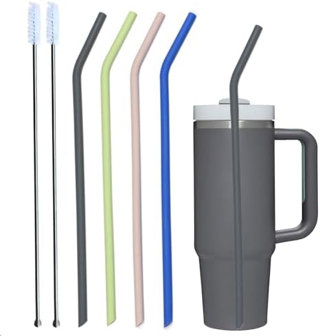 Stanley Cup Accessories 14” Extra Long Silicone Reusable Replacement Drinking Straws for 40 oz Quencher Tumbler,Wine Bottle-Blue Iris,Green Citron,Charcoal,Light Brown With Bendable Brush by Tegion