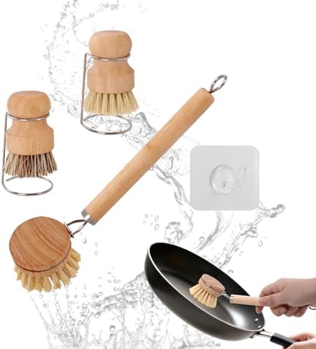 Bamboo Dish Brush Set, Natural Wooden Handle Dish Scrubber with 2PCS Mini Palm Brushes & Holders, Kitchen Brush with 1 Adhesive Hook for Pan Pots Dishes Vegetable by Unknown