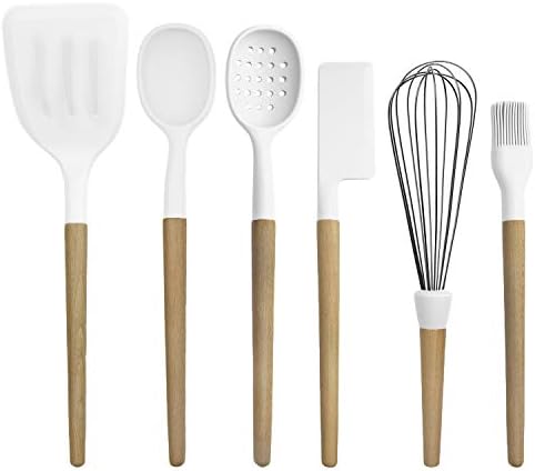 Country Kitchen Non Stick Silicone Utensil Set with Rounded Wood Handles for Cooking and Baking, 6 Piece Set, White by CountryKitchen