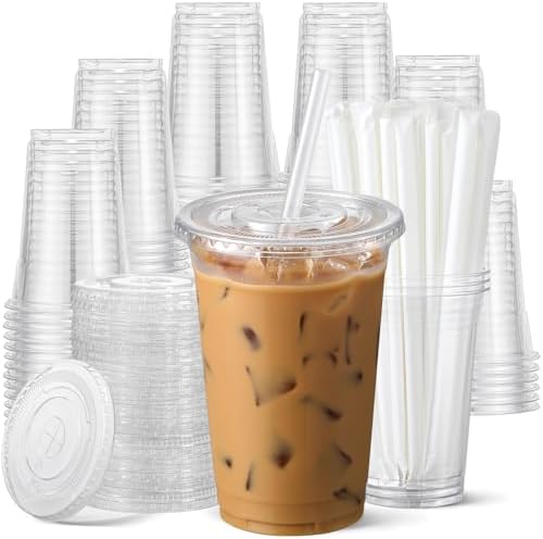 AOZITA 100 Pack - 24 oz Clear Plastic Cups with Lids and Straws, Food Safe Disposable Iced Coffee Cups for Cold Beverages, Smoothies, Iced Coffee, Leak-Proof, BPA-Free by AOZITA