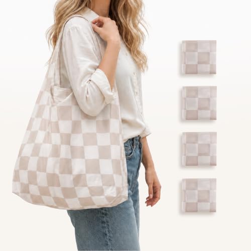 Checkered Reusable Grocery Shopping Bags 4 Packs, Cute Checkerboard Foldable Kitchen Large Nano Tote Bags by Ralxion