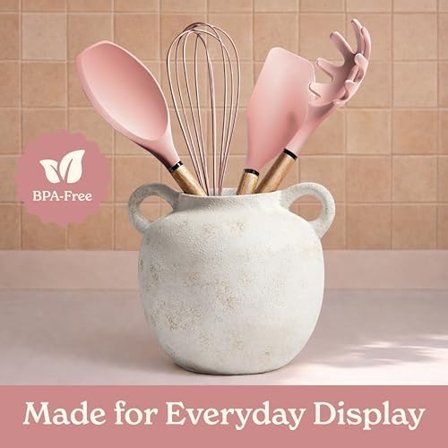 Country Kitchen Non Stick Silicone Utensil Set with Rounded Wood Handles for Cooking and Baking, 8 Piece Set, Pink - Image 6