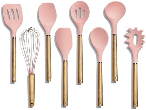 Country Kitchen Non Stick Silicone Utensil Set with Rounded Wood Handles for Cooking and Baking, 8 Piece Set, Pink by CountryKitchen