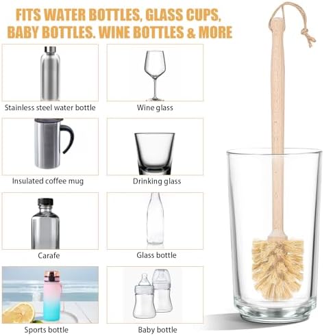 Kifmurase 4PCS Bottle Brush Cleaner, Natural Wood Dish Scrub Brush with Sisal Bristles for Cleaning Bottles Mugs Jars Glasses Dishes Vases, 13.6 x 2.6 Long Handle Non-Scratch Cup Brushes - Image 5