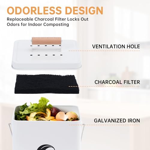 Kitchen Compost Bin, 1.7 Gallon Countertop Compost Bin with Lid and Charcoal Filter, Kitchen Composter for Food Waste, Rust Proof Indoor Bucket, White - Image 6