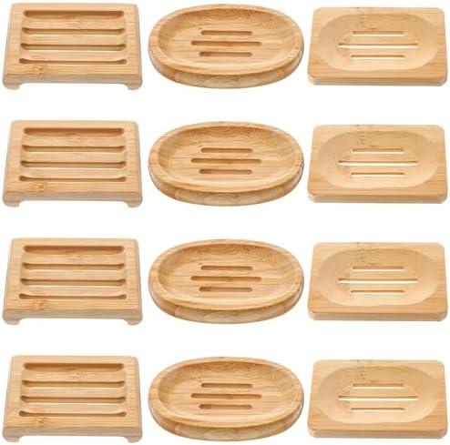 12 Pcs Bamboo Soap Dish Bulk, Self-Draining Non-Slip Bamboo Soap Trays Bulk, Wooden Soaps Holder Tray, Shampoo Bar Holder for Bathroom, Kitchen (3 Sizes) by HOFURME