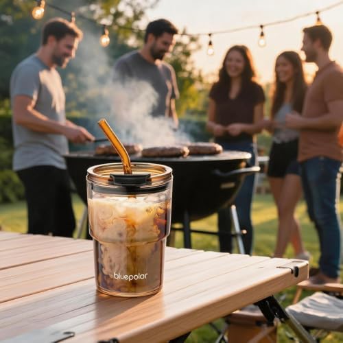 BLUEPOLAR 13oz/400ml Glass Water Tumbler with Straw and Lid Sealed Carry On Thick Wall Iced Coffee Cup Glass Cup for Water, Iced Tea Fruit Juice Etc (Amber-4Pack) - Image 3