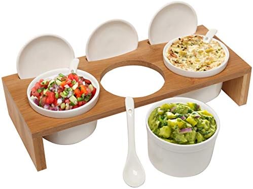 MyGift 10 Pcs Sauce Serving Dish, Hosting Party Essentials Host Gift, 3 Ceramic Ramekin Chip Dip Bowls with Lids & Spoons, Premium Bamboo Server Tray, Condiment Pot Entertaining by MyGiftHome