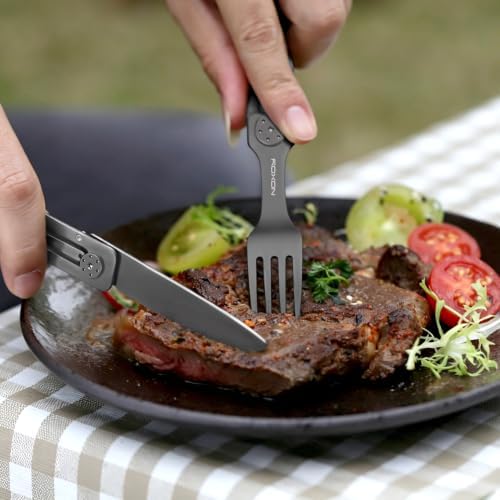 ROXON 3-in-1 Camping Utensils Set (Knife, Spoon, Fork) Titanium-Plated Grey - Image 2