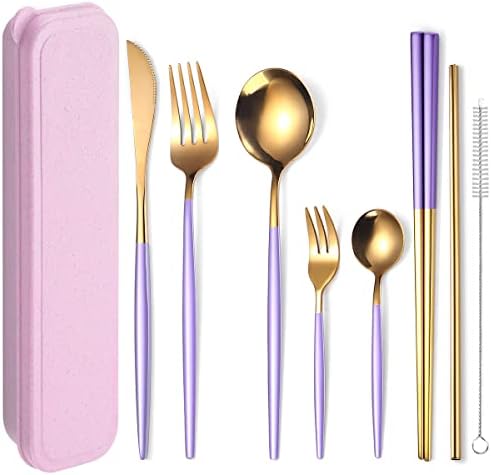 AARAINBOW 8 Pieces Stainless Steel Flatware Set Portable Reusable Cutlery Set Travel Utensils Set Including Chopsticks Knife Fork Spoon Straws Cleaning Brush Dishwasher Safe (Purple Golden) by AARAINBOW