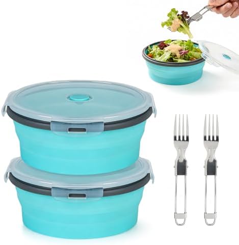 ColorCoral Collapsible Camping Bowl with Lid & Fork Silicone 42oz,2-Pack by ColorCoral