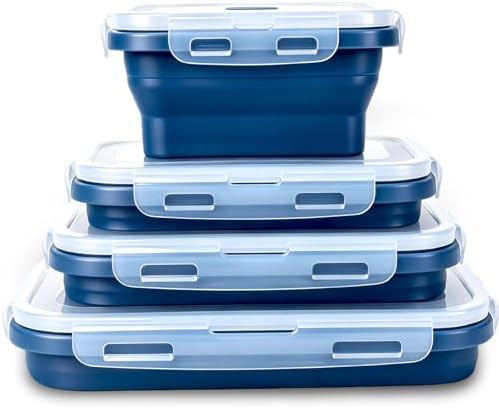 Collapsible Silicone Food Storage Containers 4 Set Airtight Leak Proof Food Containers with Lids Meal Prep for Microwave Freezer Dishwasher for Kitchen Camping Office Navy Blue by Unknown