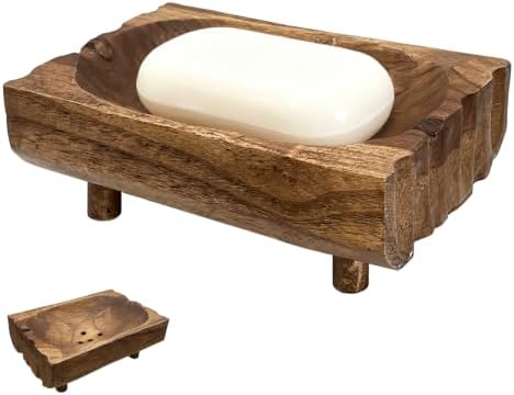 Natural Teak Wood Soap Holder, Automatic Draining Soap Tray with Drain Holes, Handmade Rustic Soap Dish & Countertop Soap Saver Stand for Bathroom and Kitchen by Unknown