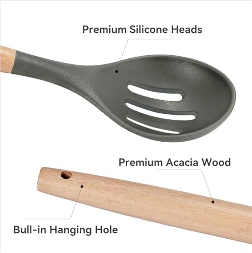 Non-Stick Silicone Cooking Utensils Set, 5 Pcs with Wooden Handle, Heat Resistant Silicone Kitchen Gadgets (Gray) - Image 6